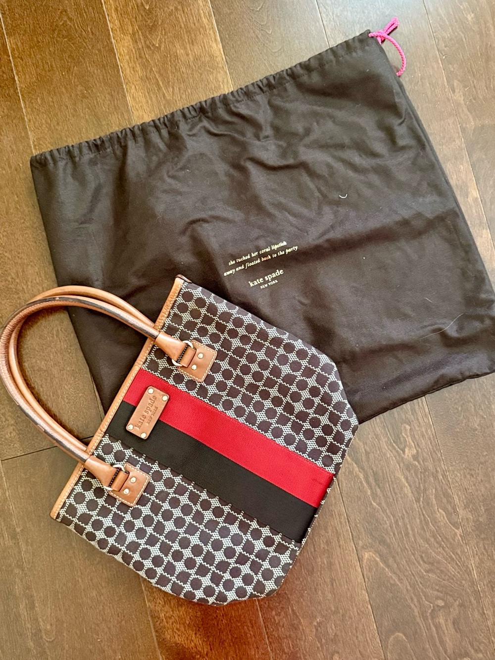 kate spade Black Patterned Tote with Red and Black Stripe